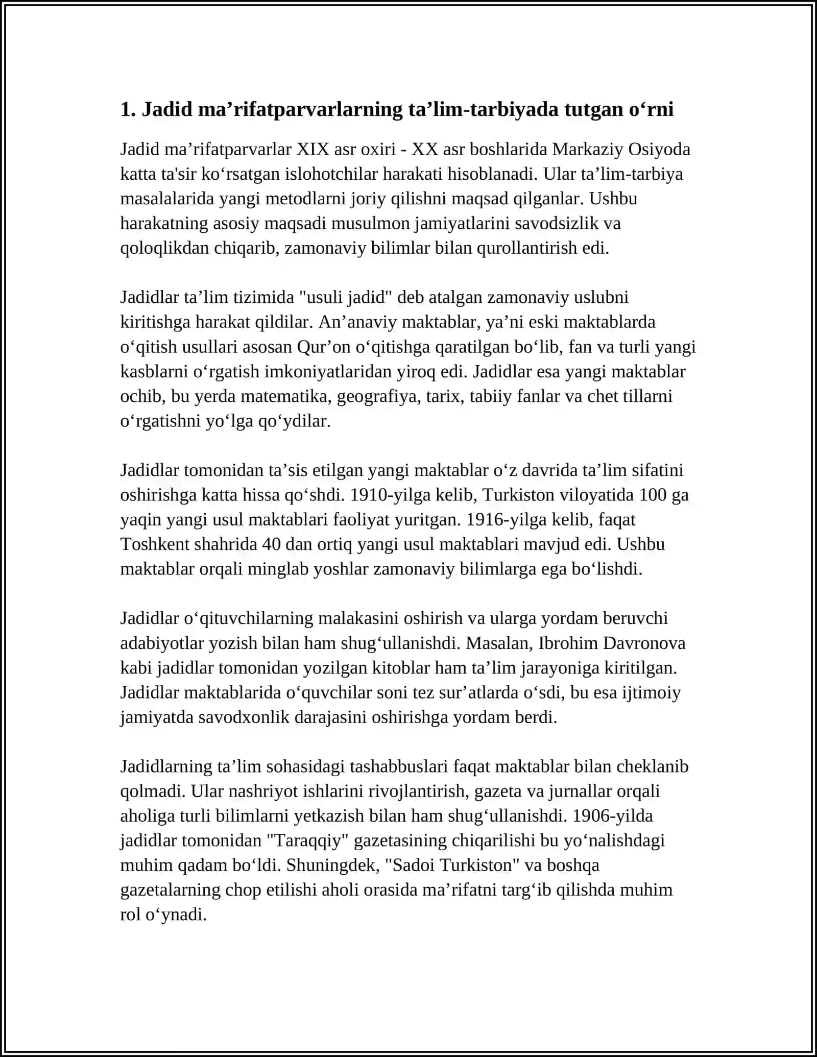 JADID MAʼRIFATPARVARLARINING OʻLKA IJTIMOIY-MAʼNAVIY HAYOTIDA TUTGAN OʻRNI(MUNAVVAR QORI, FITRAT, BEHBUDIY, AVLONIY VA BOSHQALAR) 3