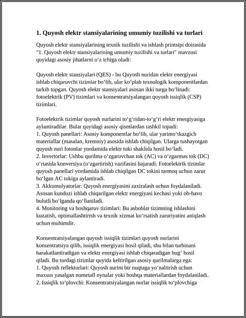 QUYOSH ELEKTR STANSIYALARINING TEXNIK TUZILISHI VA ISHLASH PRINSIPI 3