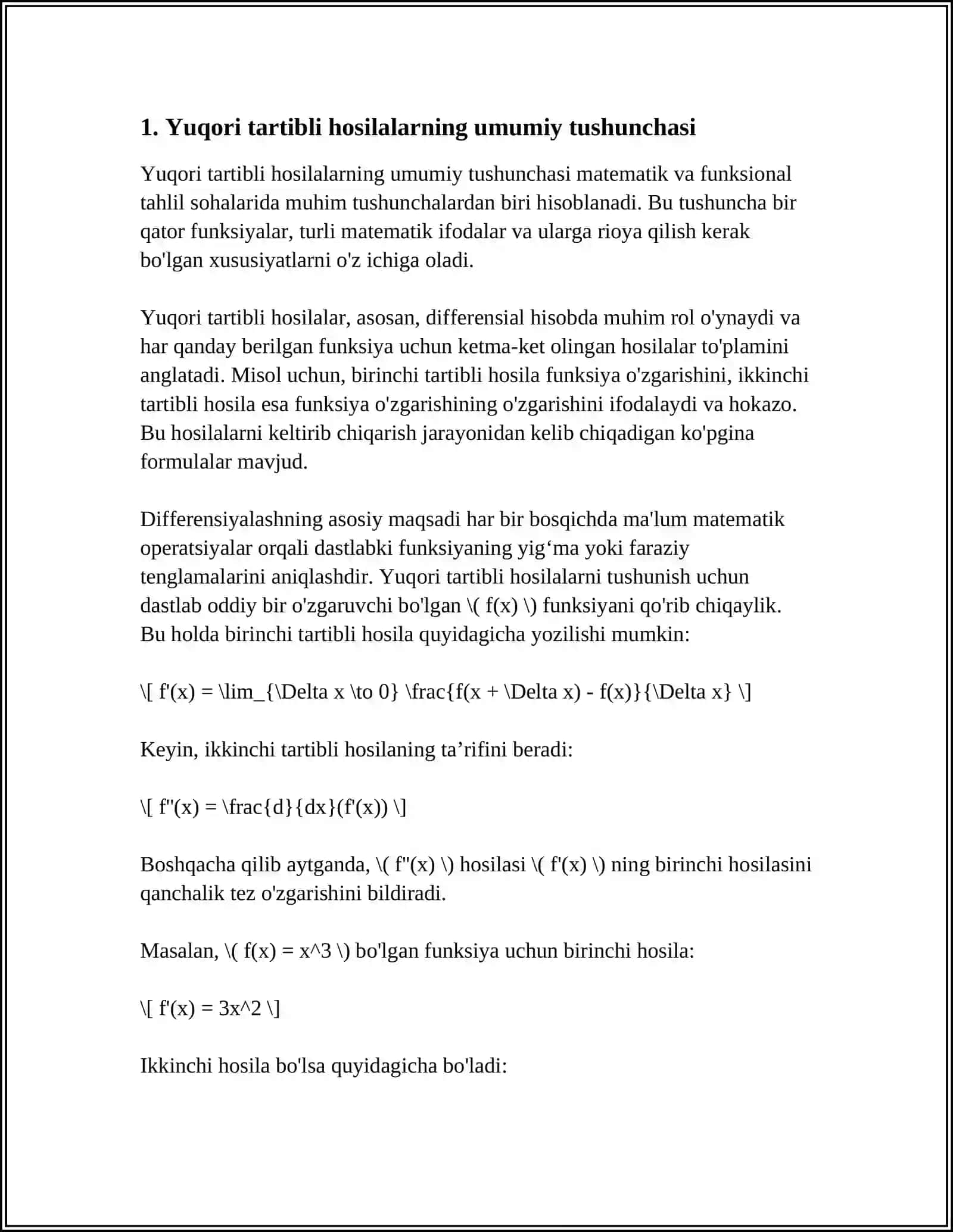 YUGORI TARTIBLI HOSILALAR. OSHKORMAS VA PARAMETRIK KO'RINISHDA BERILGAN FUNKSIYALARING 3