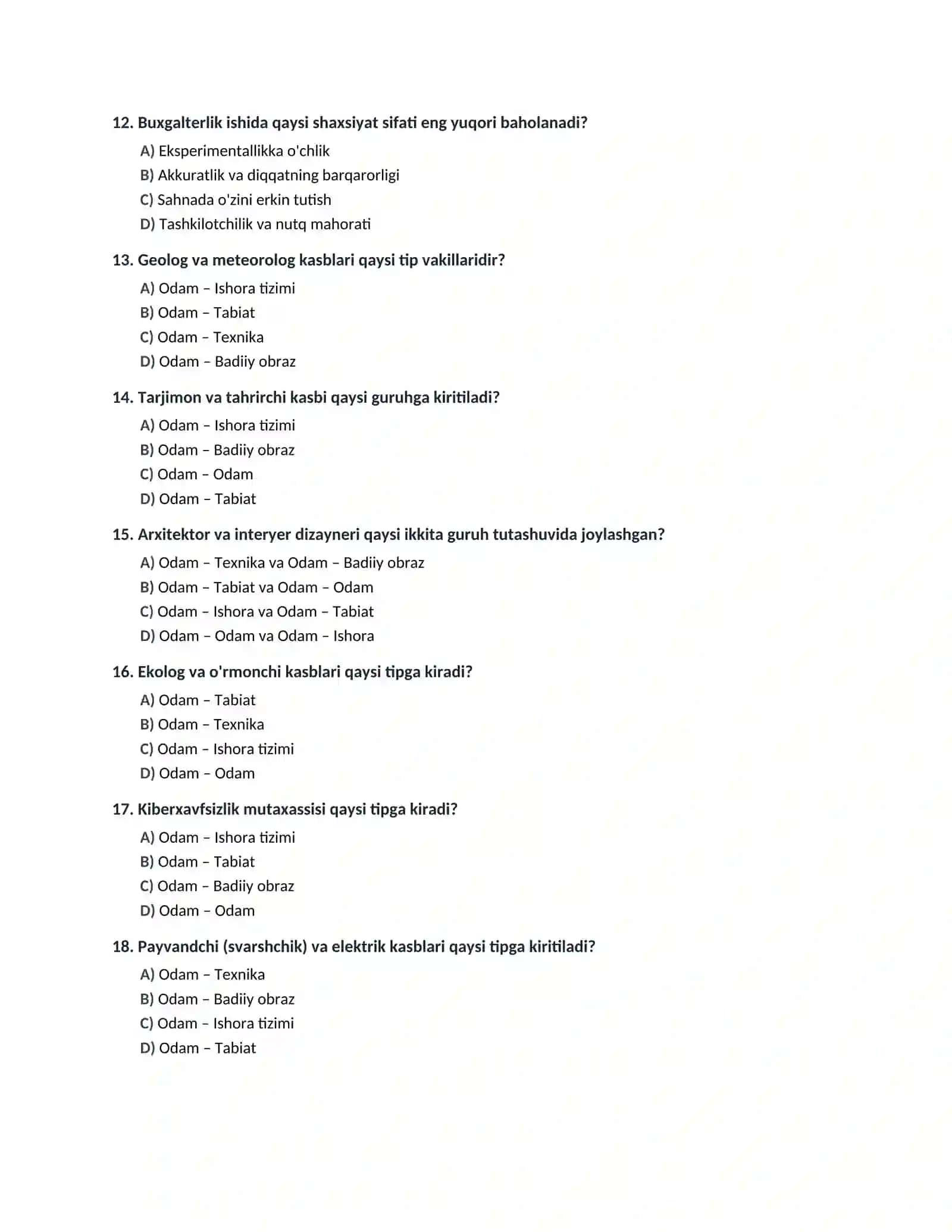 YOSHLAR UCHUN TO'G'RI KASB TANLASH PSIXOLOGIYASI VA KASBIY YO'NALTIRISH BO'YICHA 100 TALIK TEST JAVOBLARI BILAN 3