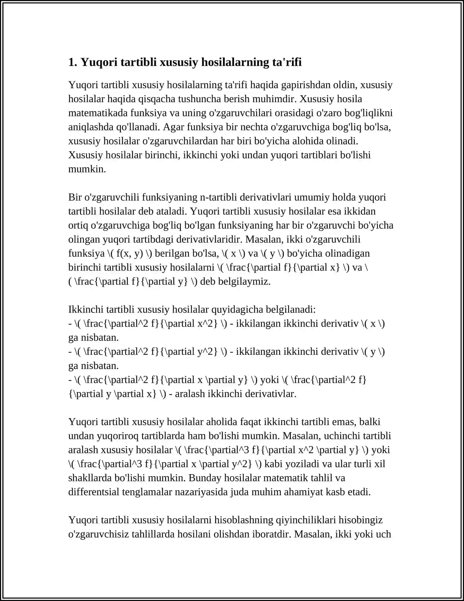 YUQORI TARTIBLI XUSUSIY HOSILA VA DIFFERENSIALLAR 3