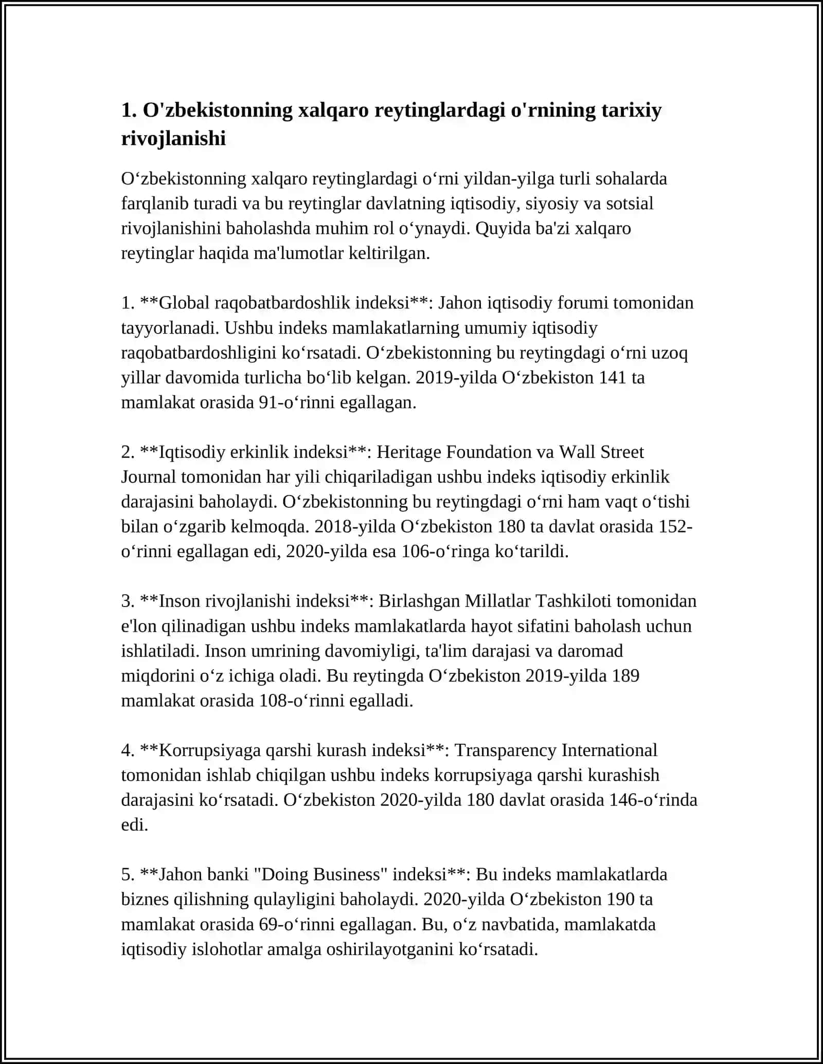 O'ZBEKISTONNI XALQARO REYTINGLARDAGI KO’RSATGICHLARINI KO’TARISHNING TARIXIY VA SIYOSIY AHAMIYATI 3