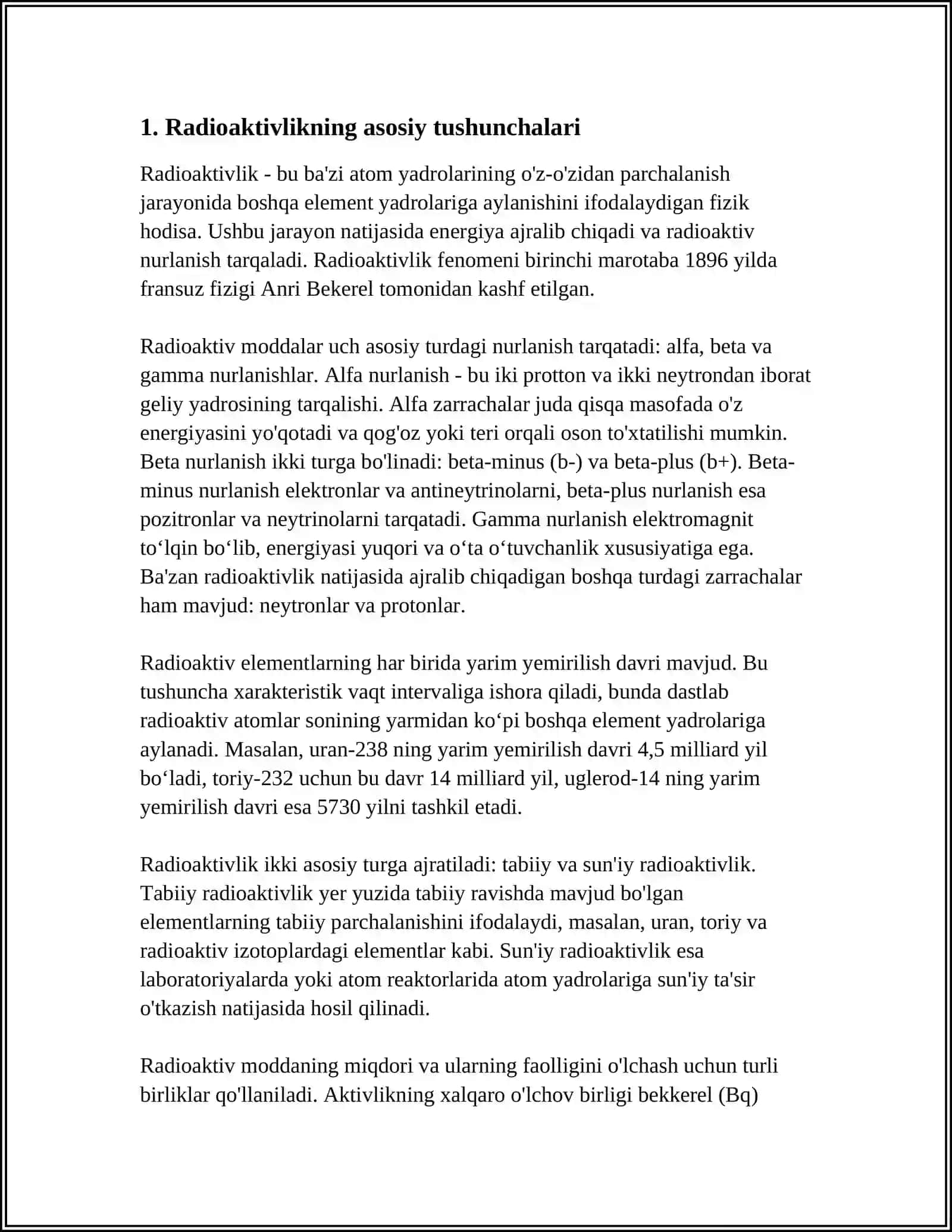 RADIOAKTIVLIK HAQIDA TUSHUNCHA VA UNDAN TIBBIYOTDA FOYDALANISH DOZA VA UNING BIRLIKLARI 3