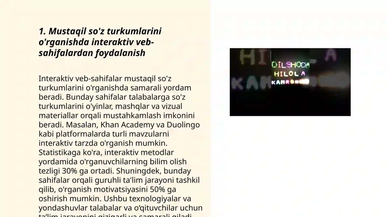 MUSTAQIL SO'Z TURKUMLARI FANI YUZASIDAN ZAMONAVIY TEXNOLOGIYALARDAN FOYDALANGAN HOLDA TOPSHIRIQLAR TAYYORLASH 3