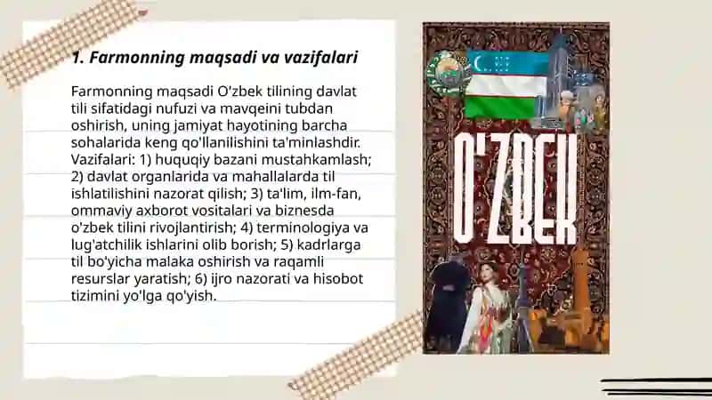 "O'zbek tilining davlat tili sifatidagi nufuzi va mavqeyini tubdan oshirish chora-tadbirlari to'g'risida"gi Farmoni 3