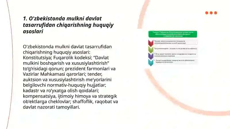 O'zbekistonda mulkni davlat tasarrufidan chiqarish va xususiylashtirish yollari, usullari va bosqichlari 3