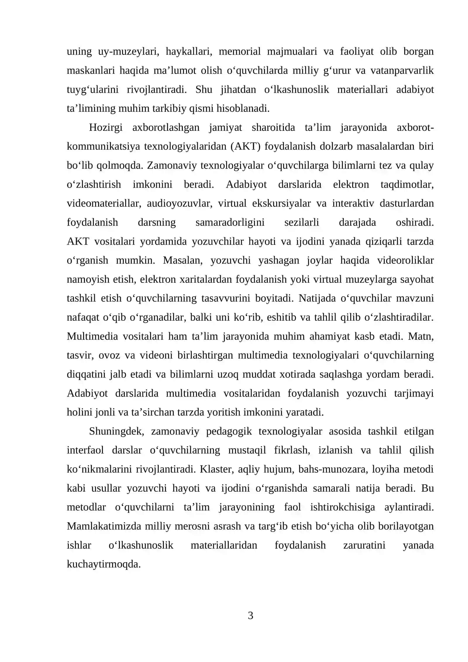 Yozuvchi tarjimayi holini o'rganishda o'lkashunoslik materiallaridan, AKT va multimediya vositalaridan foydalanish 3