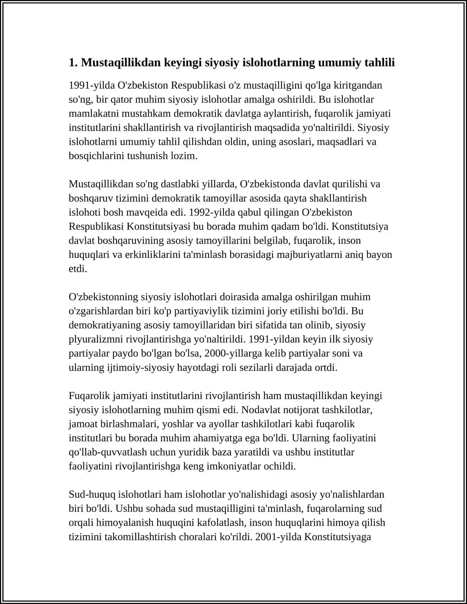 O'ZBEKISTONDA DEMOKRATIK, FUQAROLIK JAMIYATI ASOSLARINING SHAKILLANISHI, AMALGA OSHIRILGAN SIYOSIY ISLOHOTLAR 3