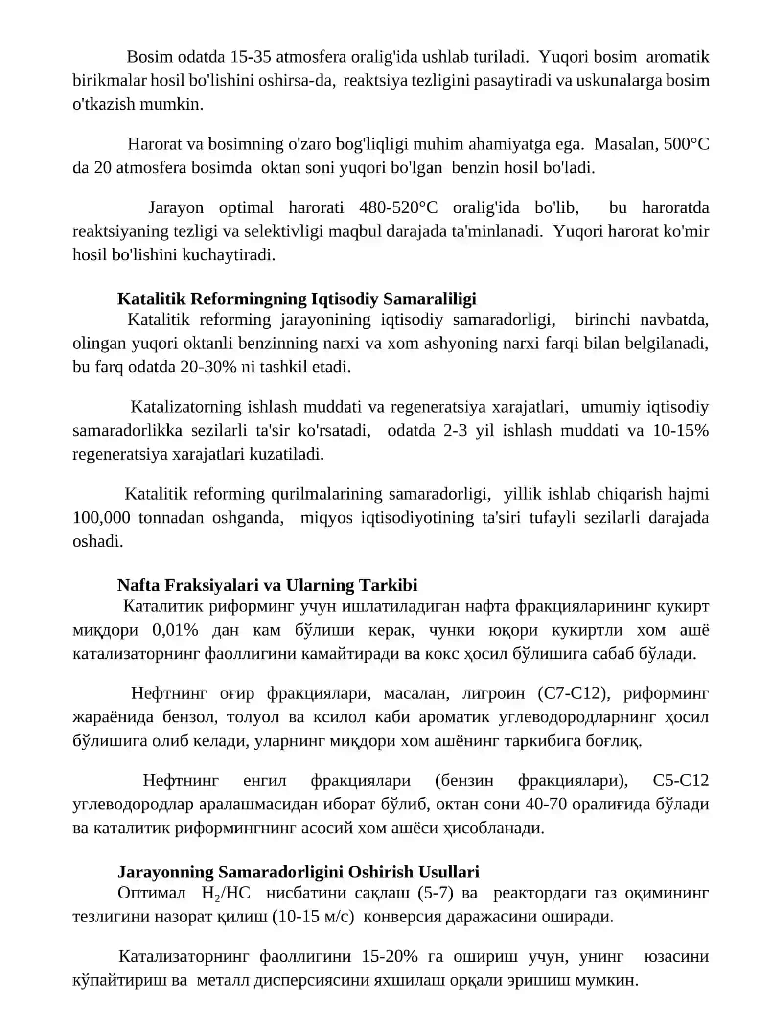 Katalitik riforming xom ashyosi, parametrlari va mahsulotlari 3