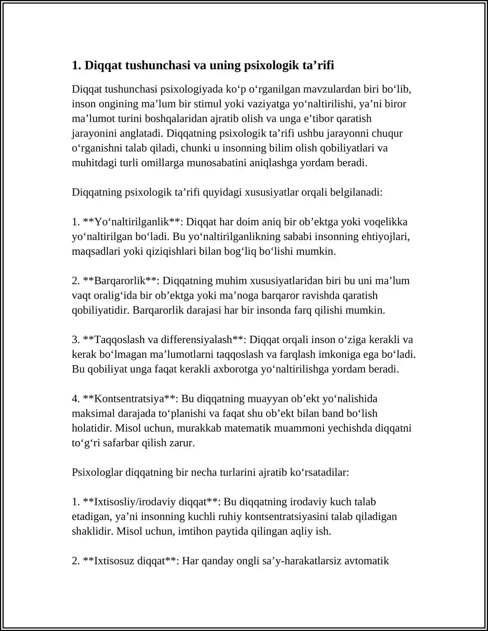 DIQQAT TUSHUNCHASI. DIQQAT TURLARI. SEZGI 3