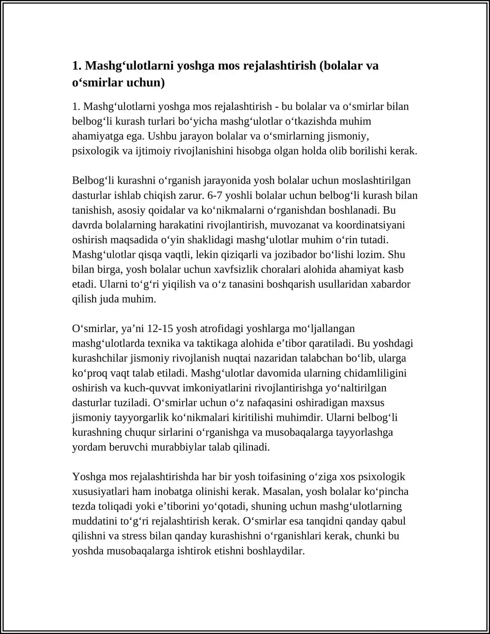 BOLALAR VA OʻSMIRLAR BILAN BELBOGʻLI KURASH TURI BOʻYICHA MASHGʻULOTLARNI OʻTKAZA OLISHI HAQIDA KOʻNIKMALARGA EGA BOʻLISHI 3