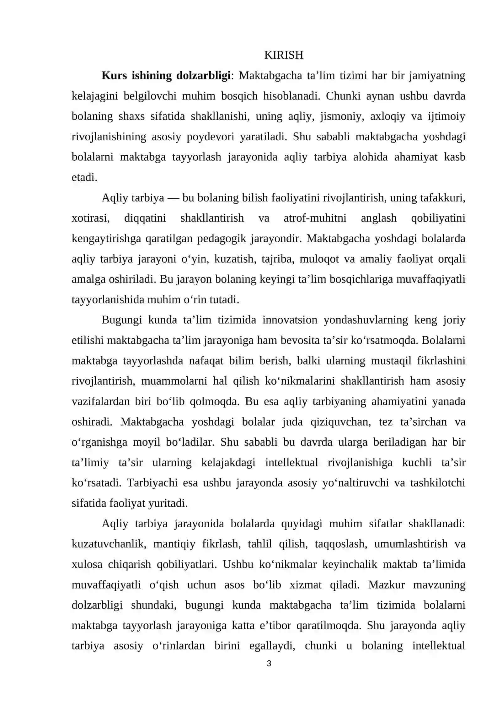 "BOLALARNI MAKTABGACHA TAYYORLASHDA AQLIY TARBIYANING AHAMIYATI" 3