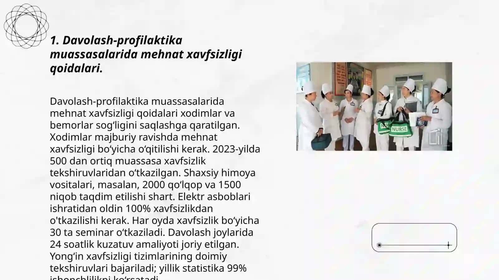 Davolash profilaktika muassalarida tibbiy xodimlarning salomatligini ta'minlovchi mehnat sharoitlarini tashkil etish 3