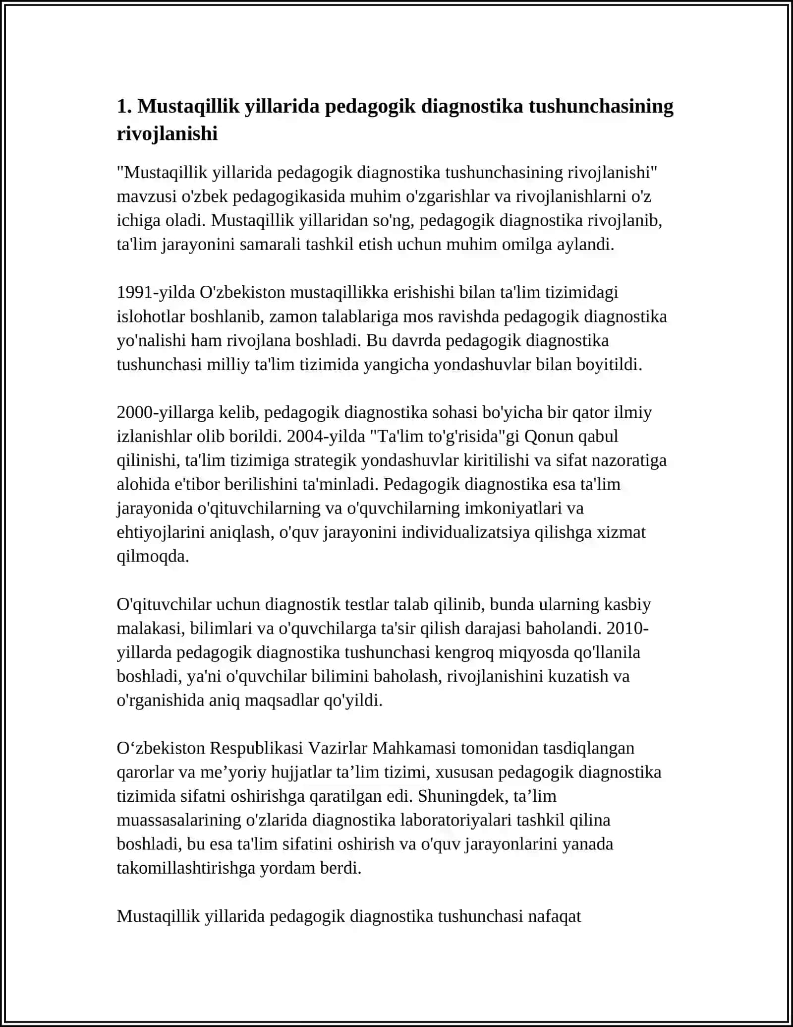 O‘ZBEKISTONDA MUSTAQILLIK YILLARIDA PEDAGOGIK DIAGNOSTIKA SOHASIDA AMALGA OSHIRILGAN ISHLAR VA ULARNING NATIJALARI 3