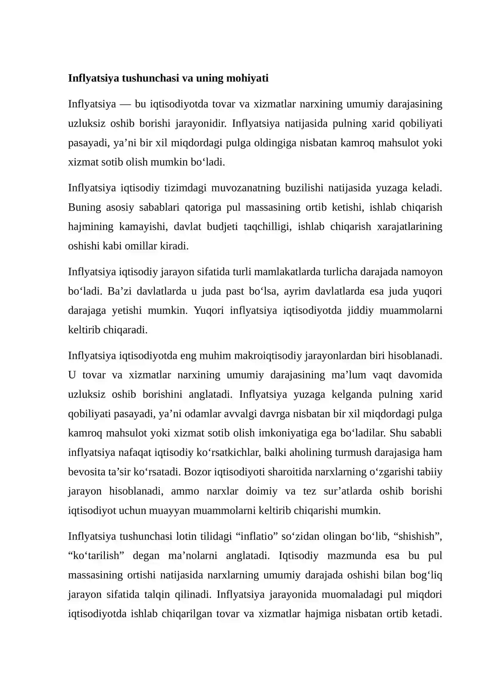 Inflyatsiya Narxlari Umumiy Darajasining Oshish Jarayonidir, Uning Turlari va Ung 3