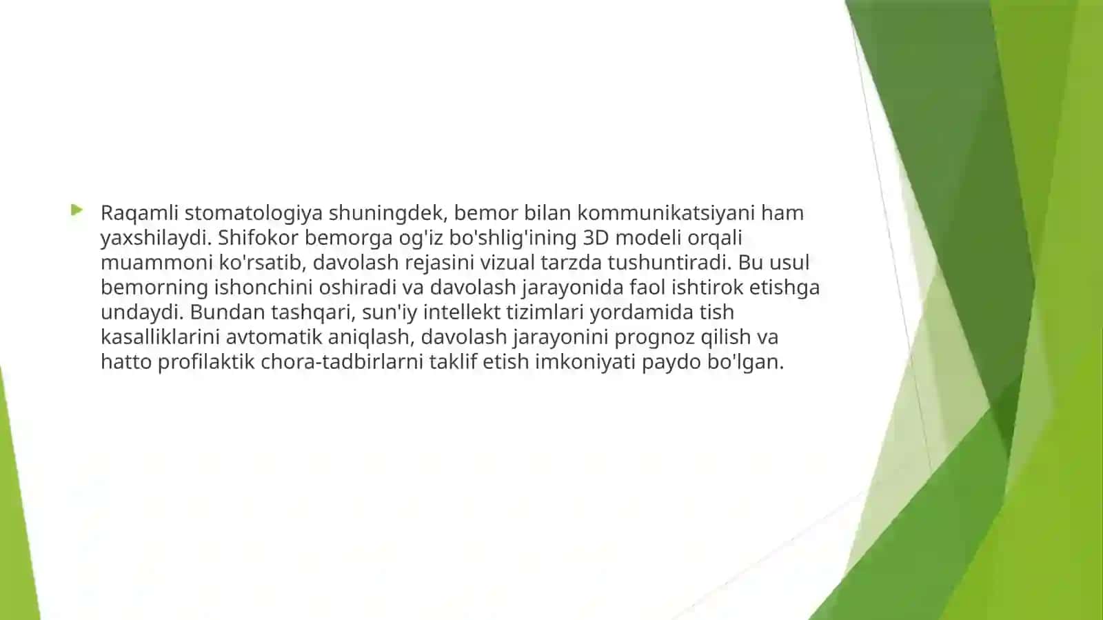 Umumiy amaliyot shifokor-stomatologining bitta saqlanib qolgan tish bilan protezlashda an'anaviy va raqamli texnologiyalar usullarini bilishi. Magnit, teleskopik, to'sinli va qulflifiksatsiyatizimlariga ega bo'lgan yechiladigan tish protezlarini tayyorlash 3
