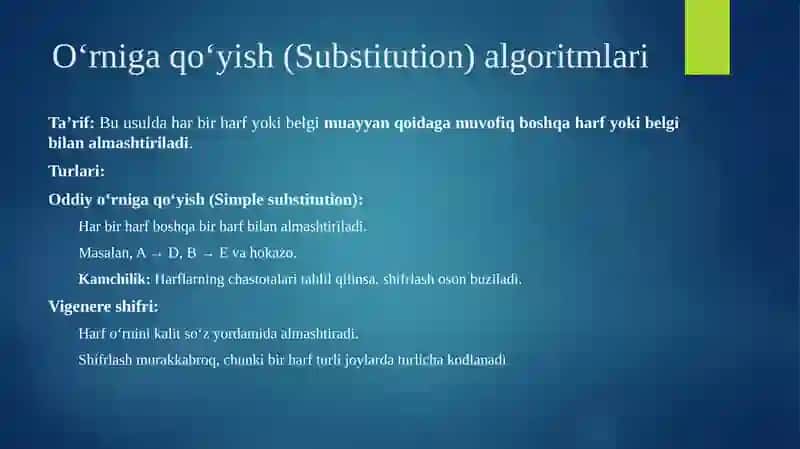 Matn ma’lumotlarni himoyalashda klassik o’rniga qo’yish va o’rin almashtirish algoritmlaridan foydalanish. 3