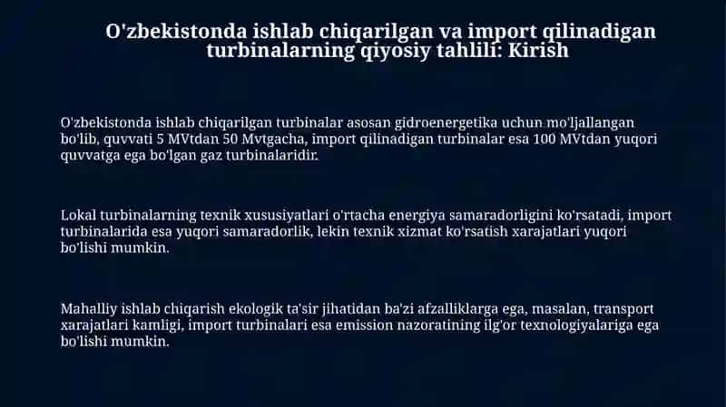 O'zbekistonda ishlab chiqarilgan va import qilinayotgan turbinalarning qiyosiy tahlili 3