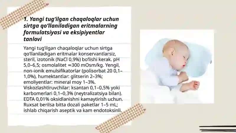 Yangi tug'ilgan chaqaloqlarga mo‘ljallangan sirtga qo‘llaniladigan eritmalar texnologiyasi 3