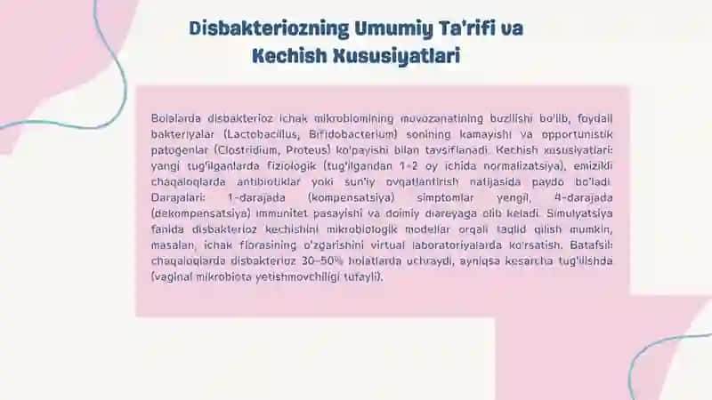 "BOLALARDA DISBAKTERIOZ KECHISH XUSUSIYATLARI VA BOLALARDA QAYT QILISH SINDROMI" TAYYORLANGAN TAQDIMOT 3