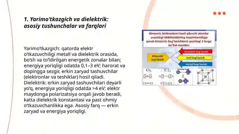 Yarımo'tkazgichlar va dielektriklar to'g'risida umumiy tushunchalar. Moddalarni elektroklassifikatsiyasi. Qattiq jismlar zonaviy nazariyasining asoslari. Qattiq jismlardagi kimyoviy bog'lanish. 3