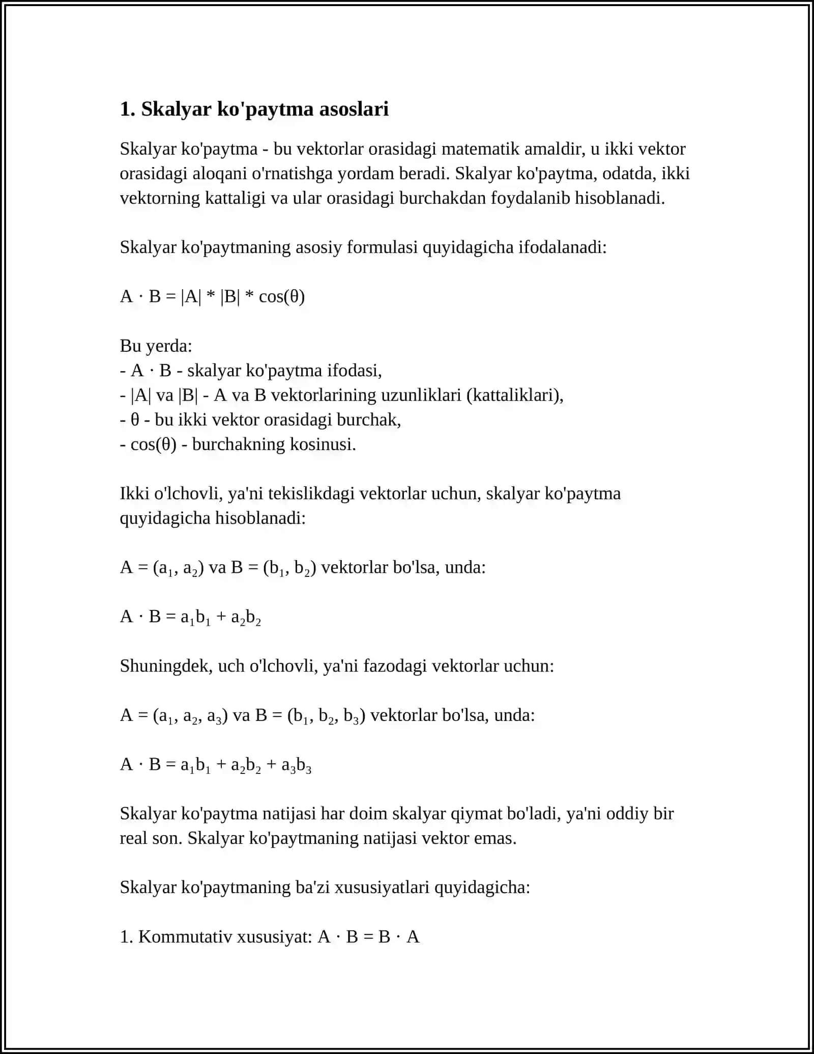 REFERAT VEKTORLARNING SKALYAR, VEKTOR ARALASH KOʻPAYTMALARINING FIZIK MAʼNOSIGA DOIR MASALALAR YECHISH VA TEOREMALARNI ISBOTLASH 3