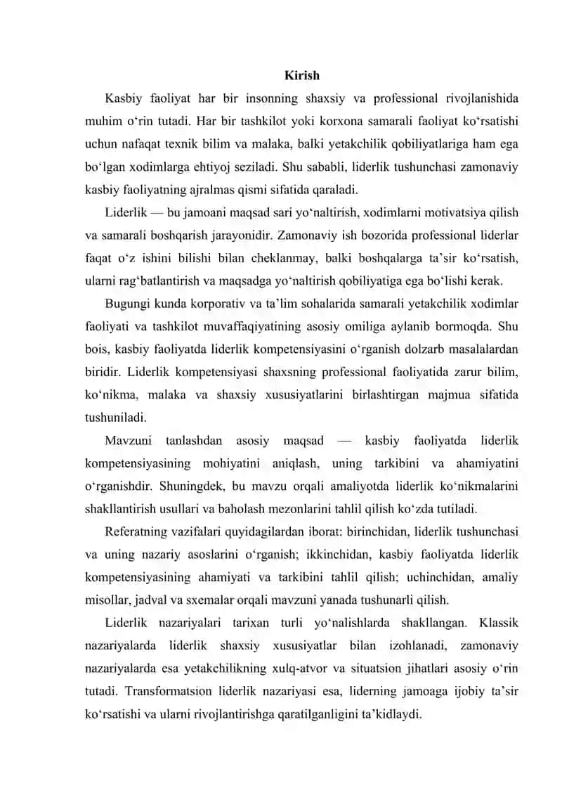 Kasbiy faoliyatda liderlik kompetensiyasi tushunchasi mustaqil ish 3
