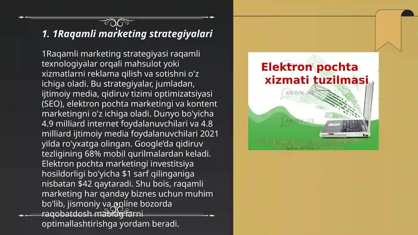 Raqamli marketing. E-brending. Iqtisodiyotning ayrim tarmoq vasohalarida elektron biznesni amalga oshirish. Elektron biznes vaelektron tijoratni boshqarish muammolari. Elektron xizmatlar sifatiniboshqarish. SHaxsiy elektron biznesni yaratish 3