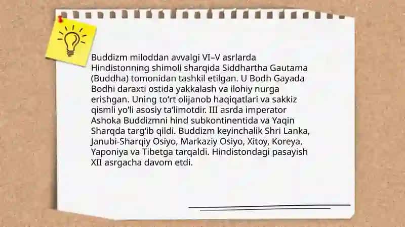 Buddizim dini tarixi va asosiy gʻoyalari 3