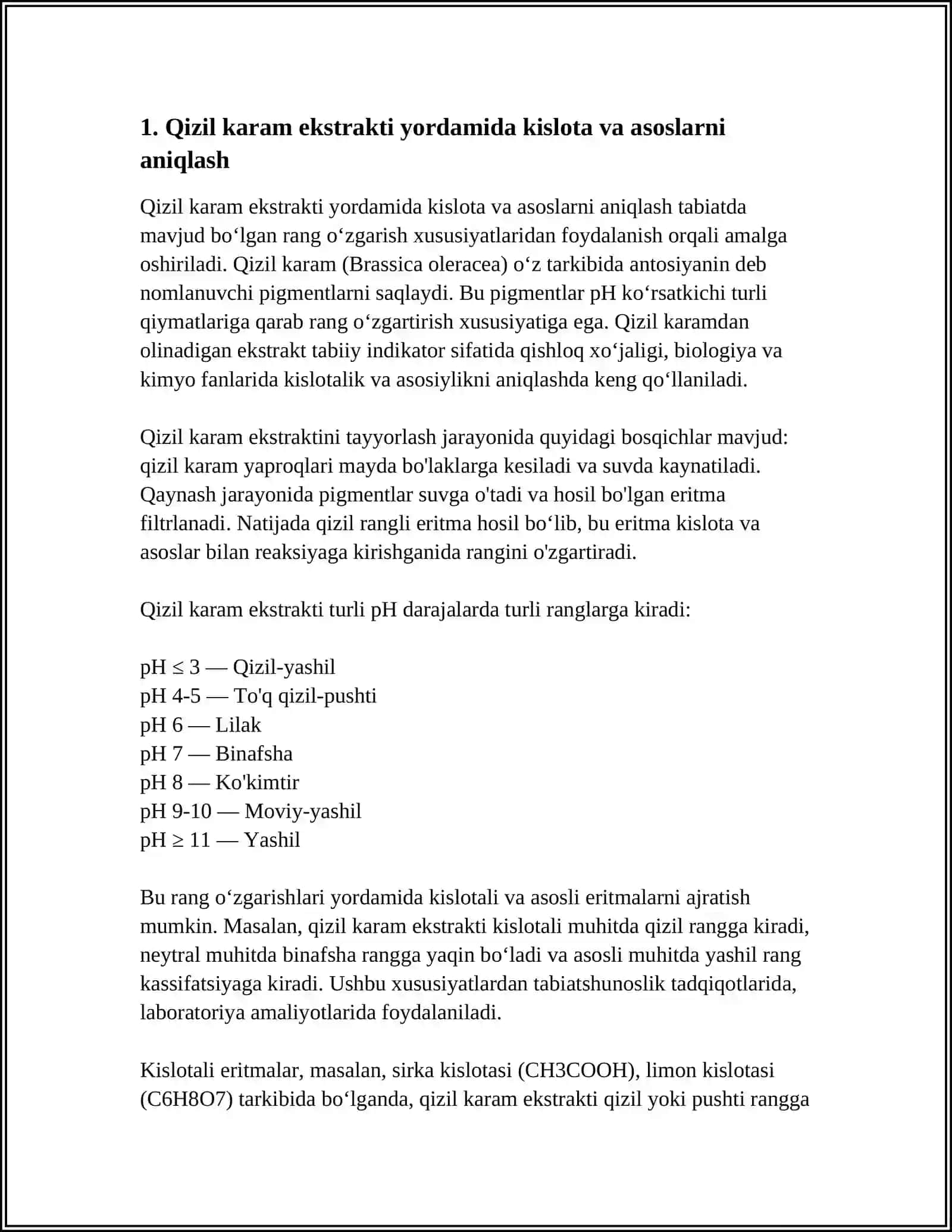 TABIIY INDIKATORLAR YORDAMIDA KISLOTA VA ASOSLARNI ANIQLASH BOʻYICHA LOYIHA ISHI 3