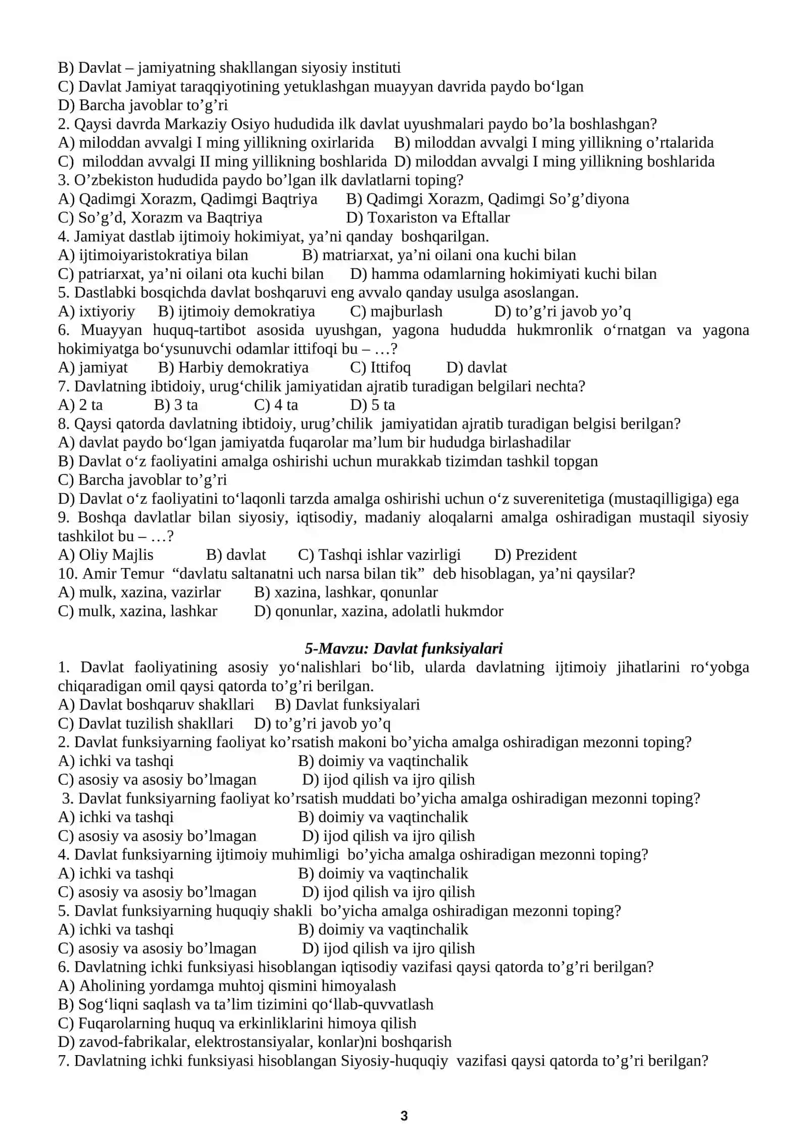 8-SINF O‘ZBEKISTON DAVLATI VA HUQUQI ASOSLARI fanidan (Yangi 2019-yilgi darslik asosida) lashtirilgan testlar 3