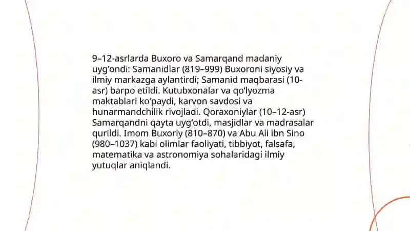9-12-asrlarda mamlakatimiz hududida roʻy bergan madaniy uyg'onish 3