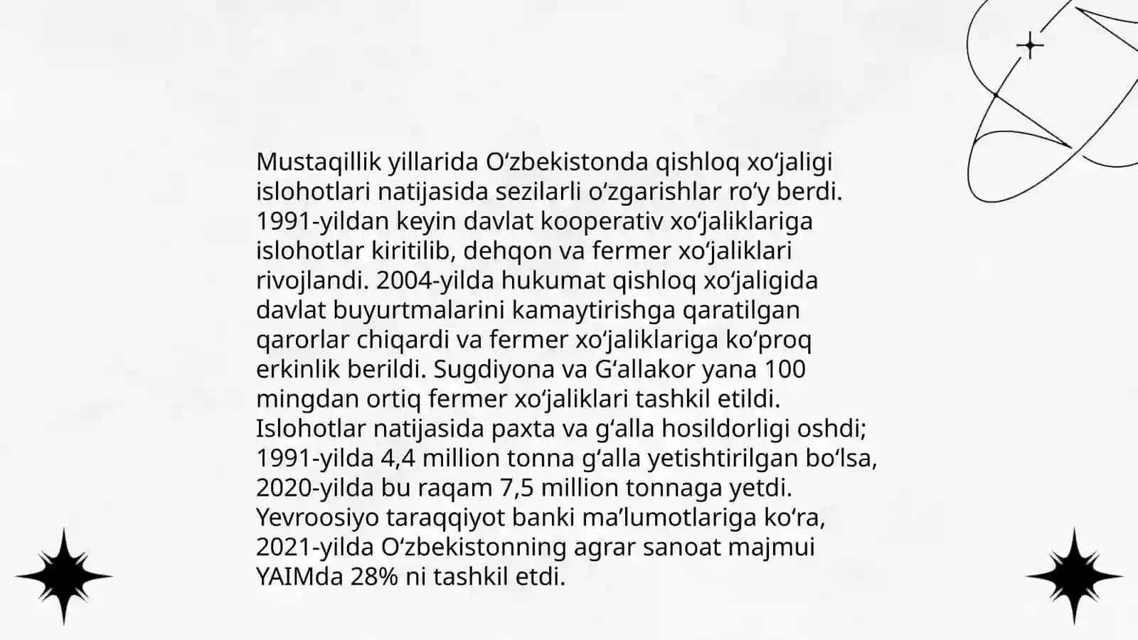 Mustaqillik yillarida qishloq xoʻjaligi va sanoat sohasidagi o'zgarishlar 3