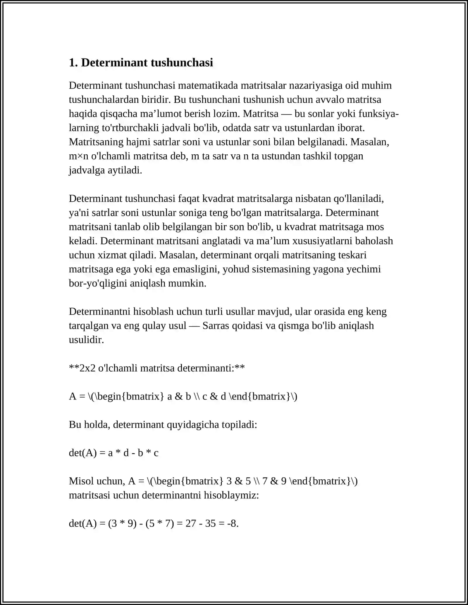 MUSTAQIL ISH Mavzu: DEDTERMINANT HISOBLASH USULLARI 3
