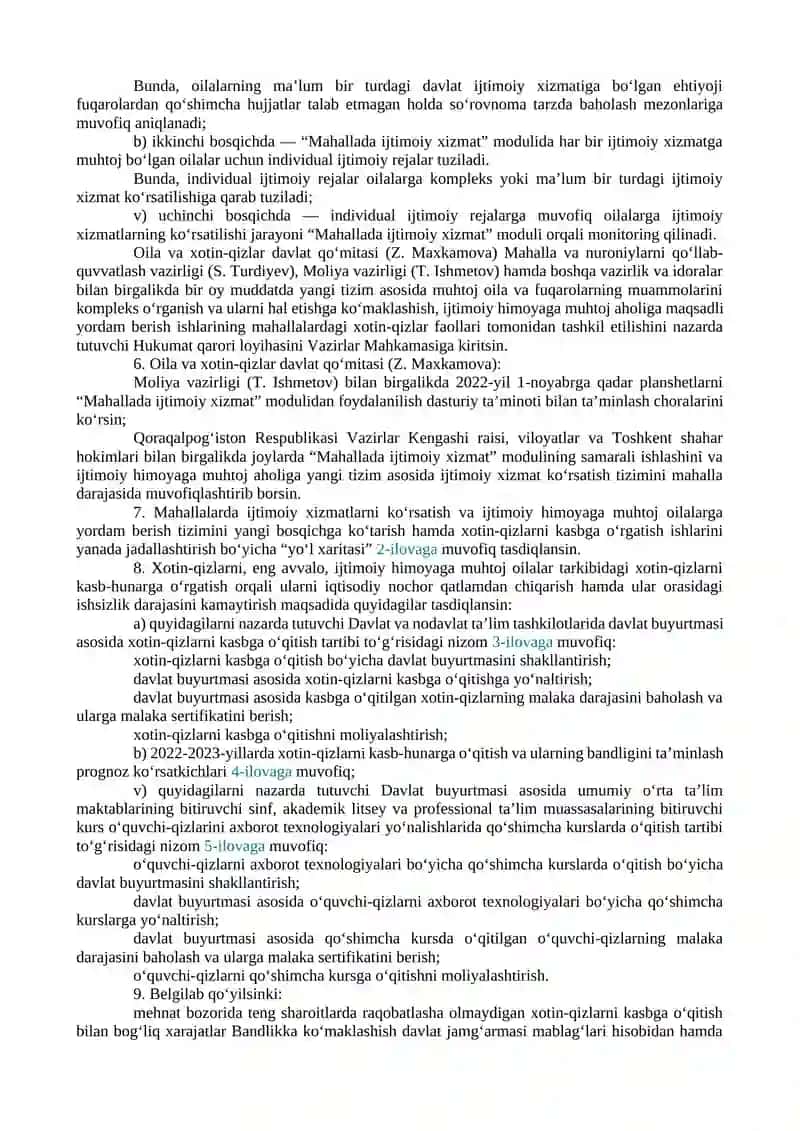 MAHALLALARDA IJTIMOIY XIZMATLARNI KO‘RSATISH VA IJTIMOIY HIMOYAGA MUHTOJ OILALARGA YORDAM BERISH TIZIMINI YANGI BOSQICHGA KO‘TARISH HAMDA XOTIN-QIZLARNI KASBGA O‘RGATISH ISHLARINI YANADA JADALLASHTIRISH CHORA-TADBIRLARI TO‘G‘RISIDA 3