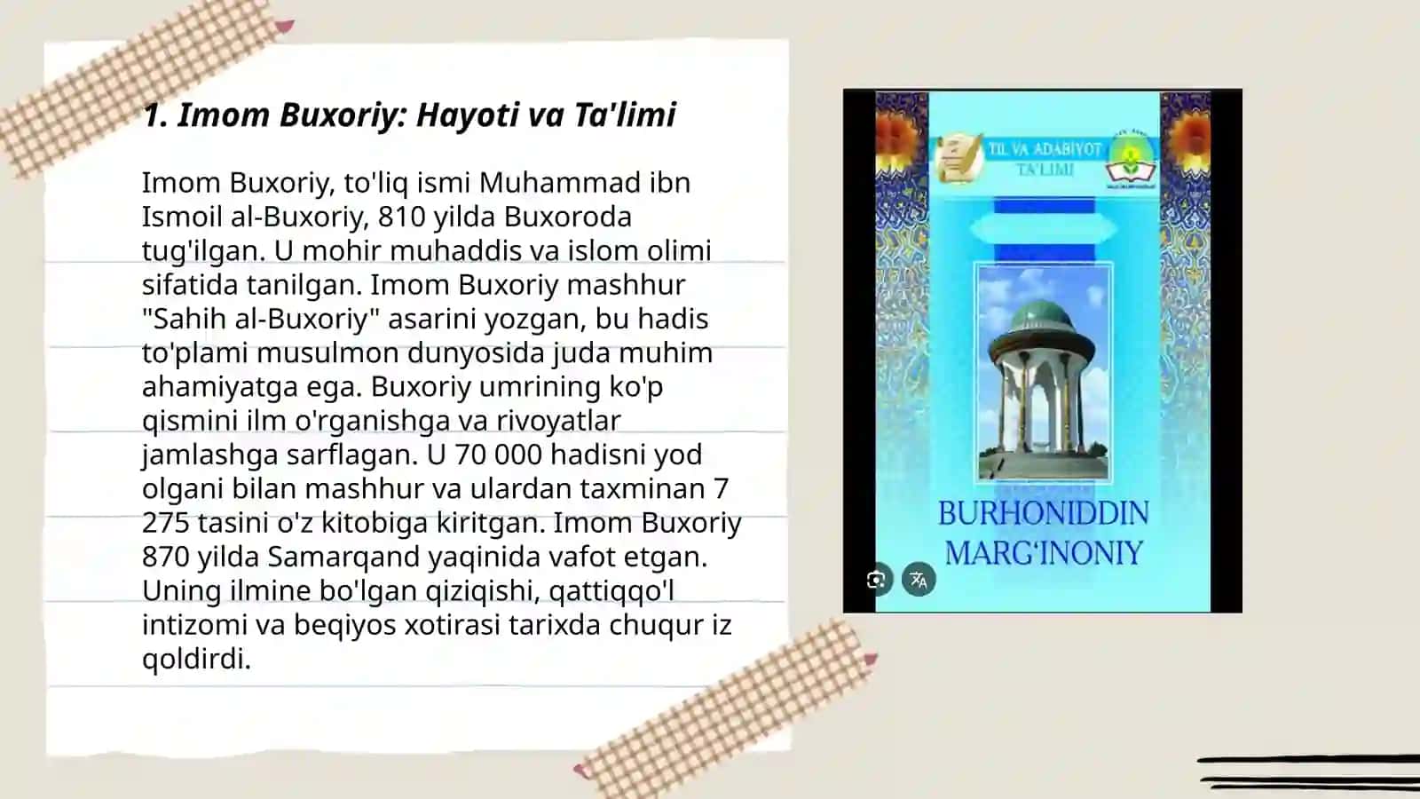 Imom Buxoriy, Ahmad Fargʻoniy va Burhoniddin Margʻinoniyning hayoti va ijodi 3