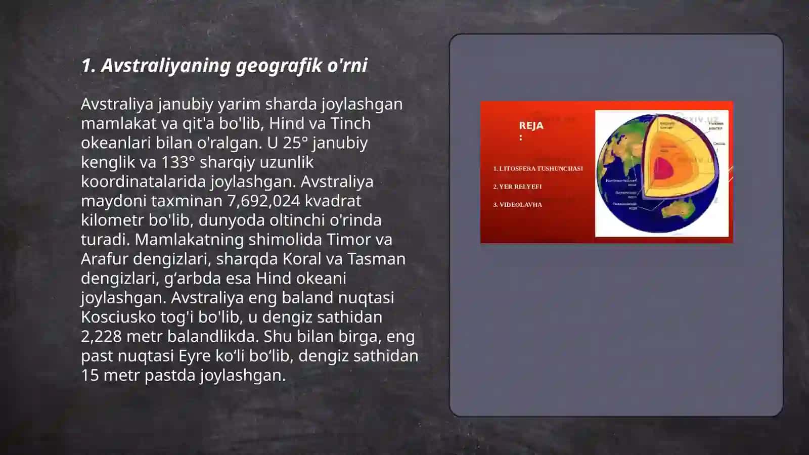 Avstraliya materigini geografik o'rni,o'rganilishi,geologik tuzilishi,foydali qazilmalari va relyefi 3