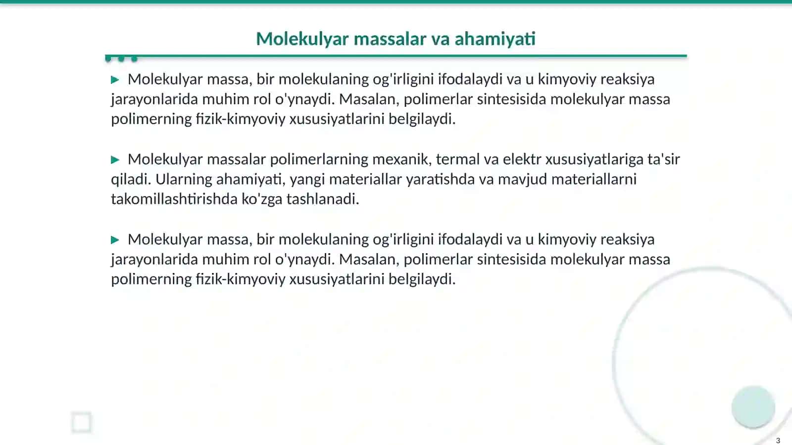 Mоlеkulyar mаssаlаri bоshqаrilgаn pоlimеrlаr sintеzi vа ulаrning mоlеkulyar-mаssаviy хаrаktеristikаlаri 3