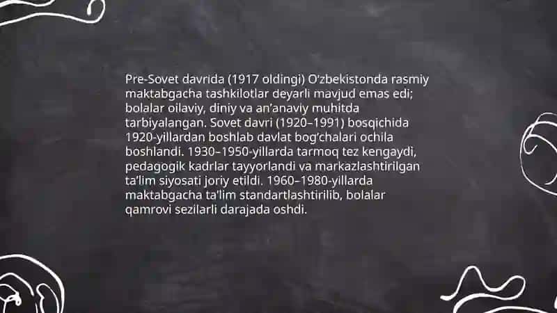 Oʻzbekistonda ommaviy maktabgacha taʼlim tashkilotlarining rivojlanishi va unda bolalarning ijtimoiylashuvi tarixi 3