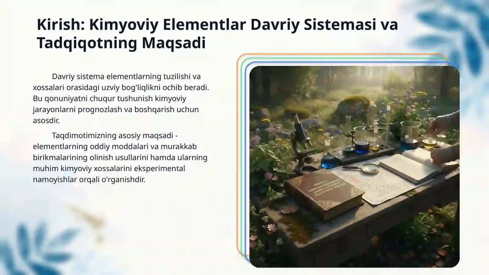 Davriy sistema asosiy va yonaki guruxchalar elementlari oddiy moddalari va birikmalarining olinishi, kimyoviy xossalarini ifodalovchi tenglamalar bo‘yicha eksperimentlar 3