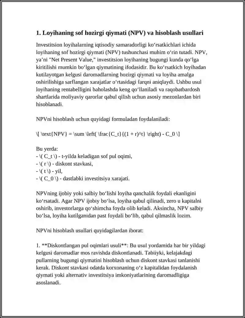 INVESTITSION LOYIHALARNING IQTISODIY SAMARADORLIK KO‘RSATKICHLARI 3