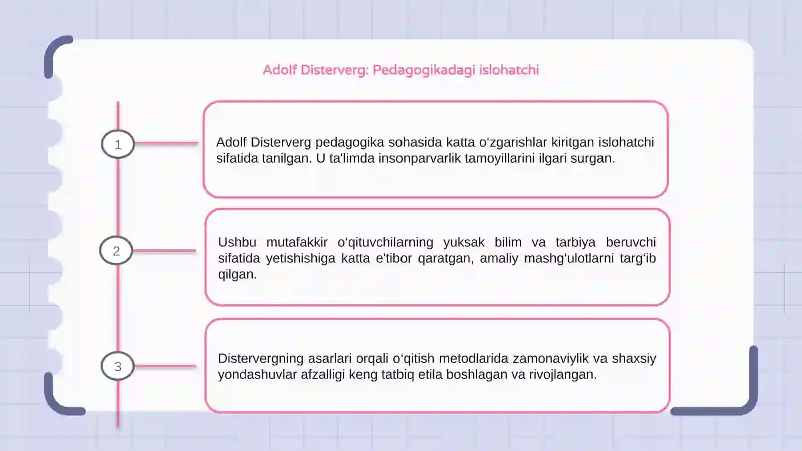 Adolf Disterverg, logan Genrix Pestalotsi, jan Jak Russo, Konstantin Dmitrevich Ushinskiy, Vasiliy Aleksanrovich Suxomilinskiylarning pedagogikada qoʻshgan hissasi 3