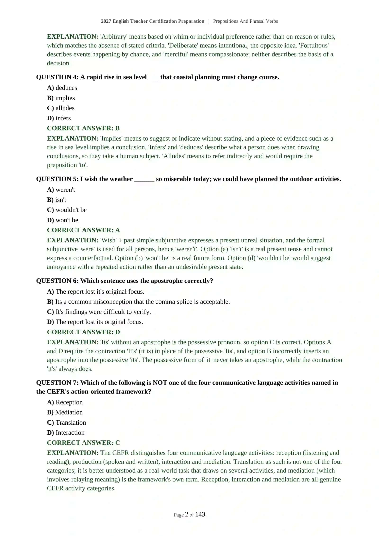 ENGLISH TEACHER PRACTICE TEST - PREPOSITIONS AND PHRASAL VERBS - 2027 CERTIFICATION PREPARATION 3