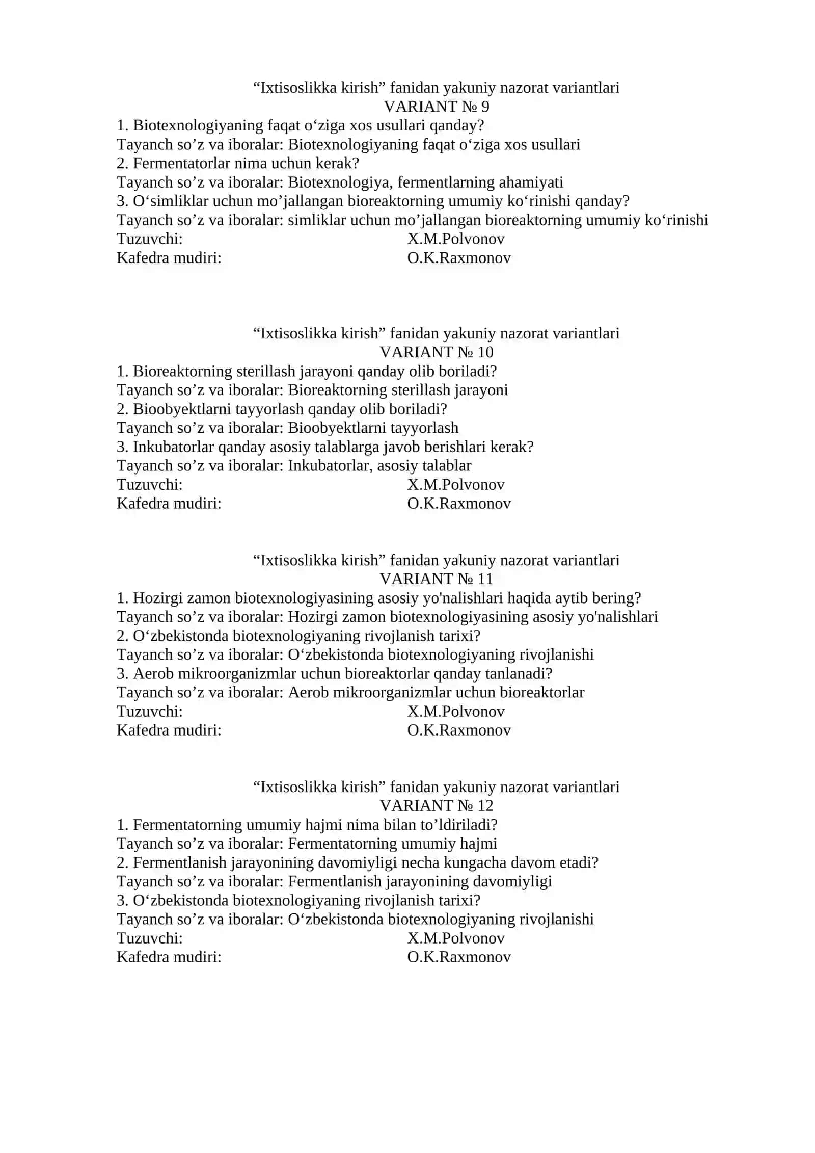 Ixtisoslikka kirish fanidan yakuniy nazorat variantlari 3