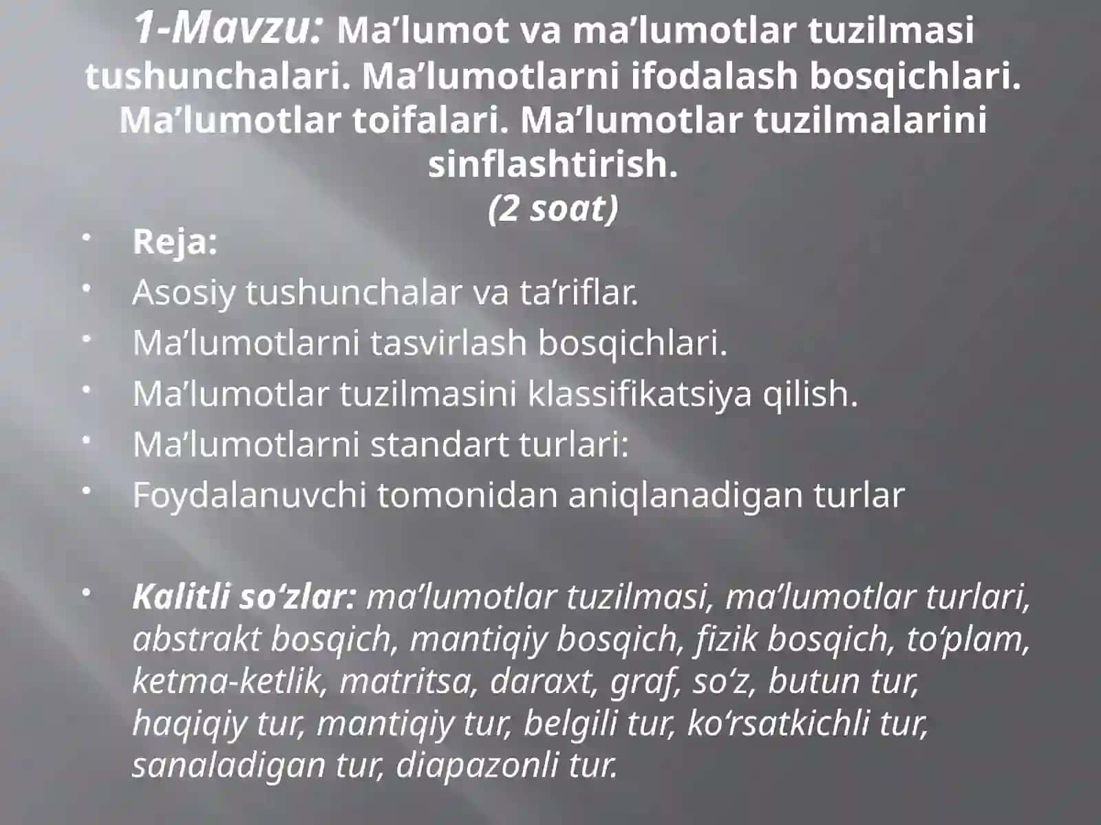 “Ma’lumotlar tuzilmasi va algoritmlar” fanining maqsadi va vazifasi. 3