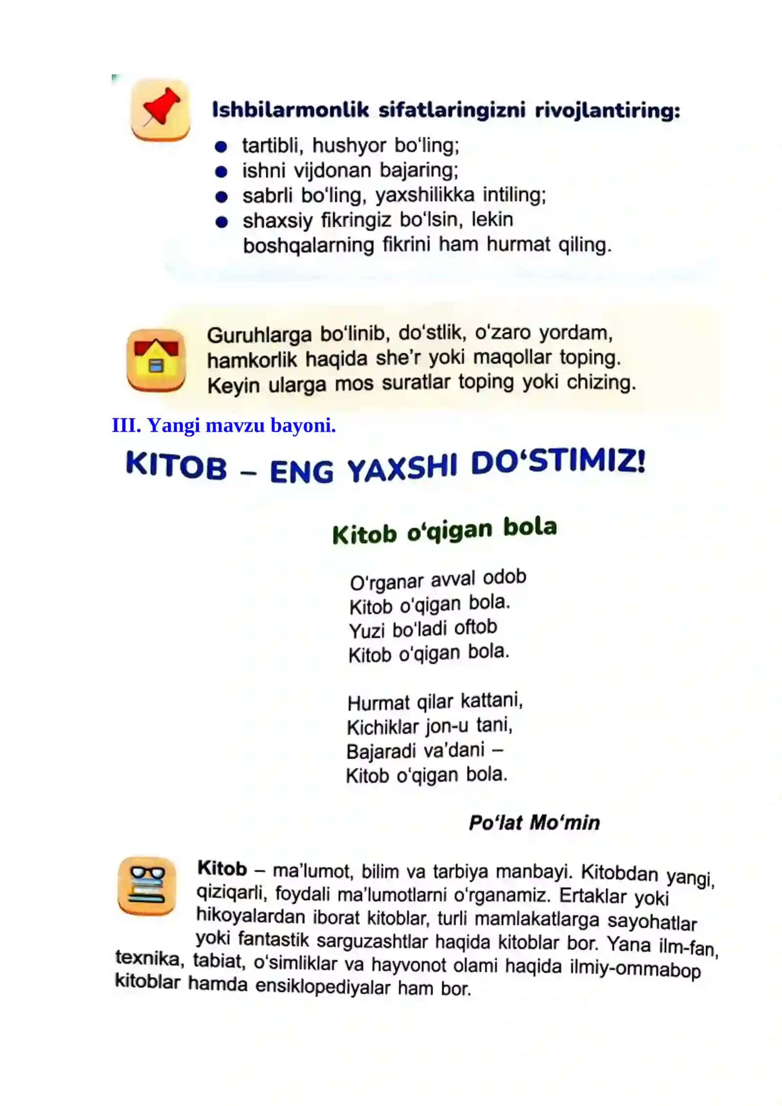 2-sinf Tarbiya Kitob eng yaxshi do‘stimiz dars ishlanma 3-chorak 3