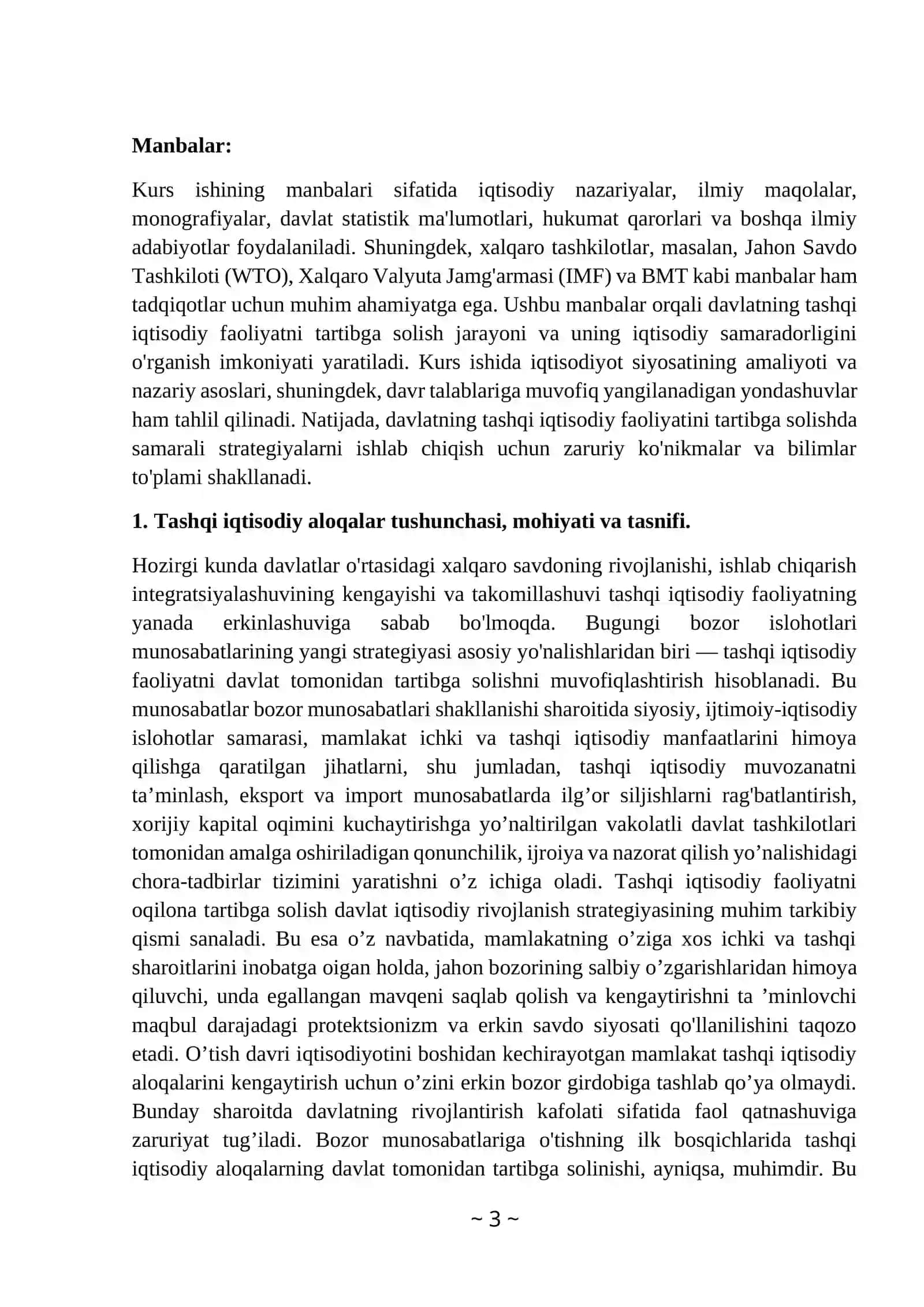 Davlatning tashqi iqtısodıy faolıyatni davlat tomonıdan tartıbga solishKurs ishi 3