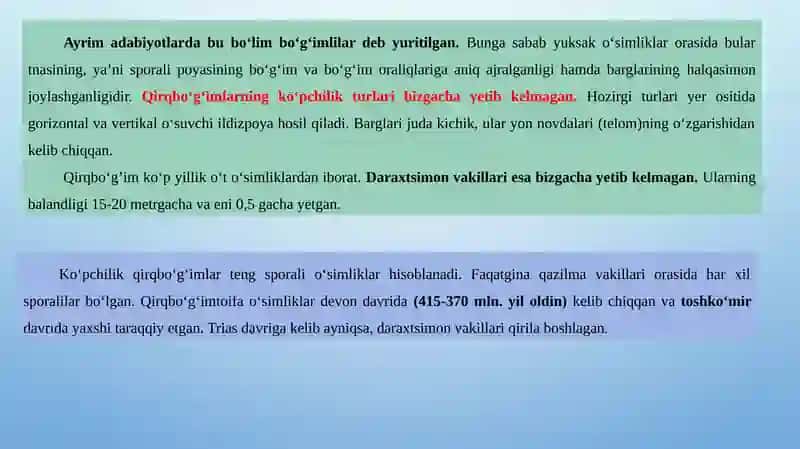 QIRQBO‘G‘IMTOIFA (EQUISETOPHYTA) O‘SIMLIKLAR BO‘LIMI 3