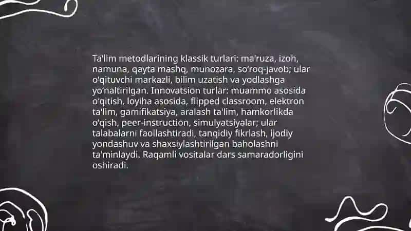 Ta'lim metodlari va vositalari,ta'limni tashkil etish shakllari,turlari va Abdulla Avloniy taʼlim tarbiya haqidagi oʻz fikrlari 3