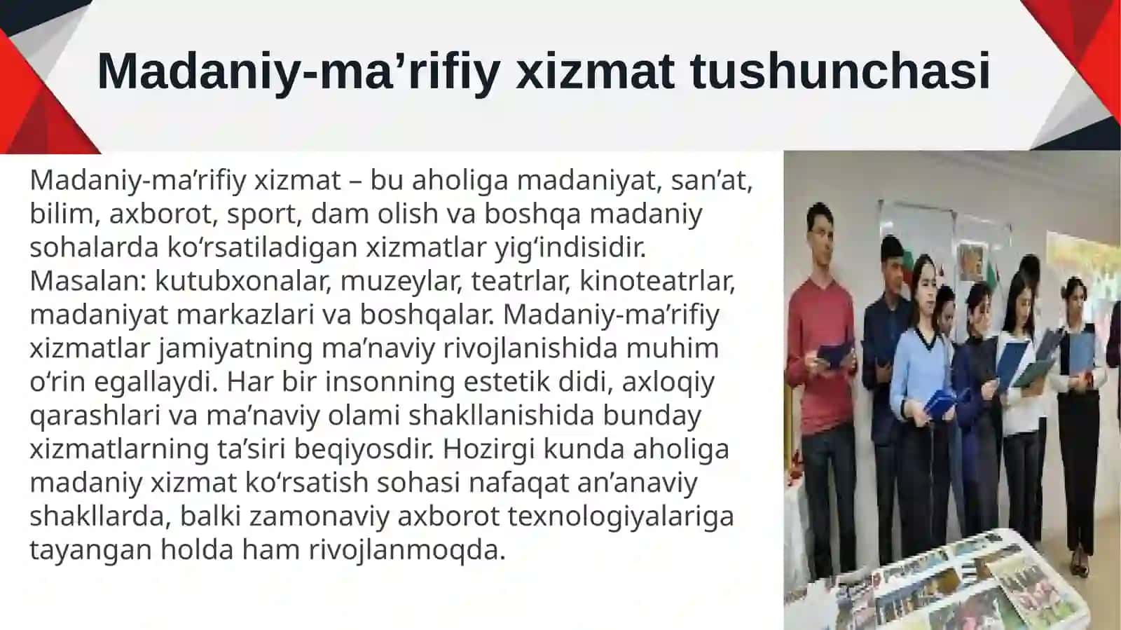 Aholiga madaniy-ma’rifiy xizmat ko‘rsatishning rivojlanish xususiyatlari. slayd 3